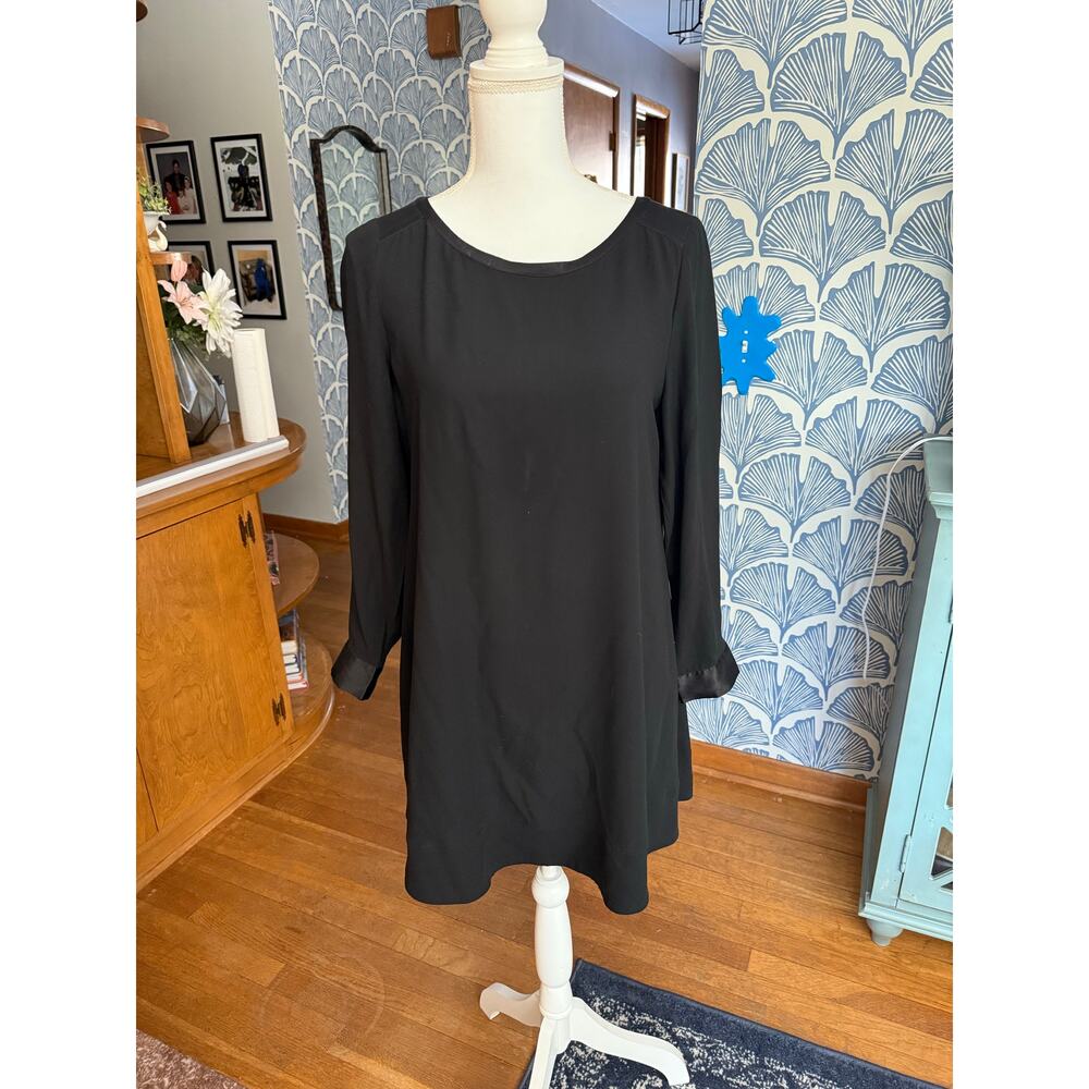 Eileen Fisher Black 100% Silk Georgette Long Sleeve Boat Neck Dress Sz. PM